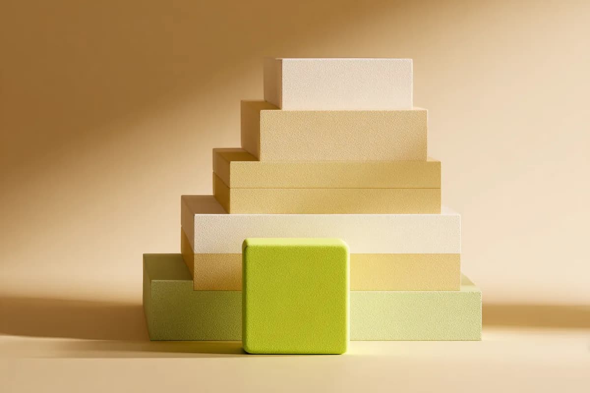 Ilustração editorial de um pequeno cubo lime em primeiro plano contrastado por uma escadaria de blocos creme muito maior atrás, sugerindo um custo visível pequeno mascarando um total real maior.