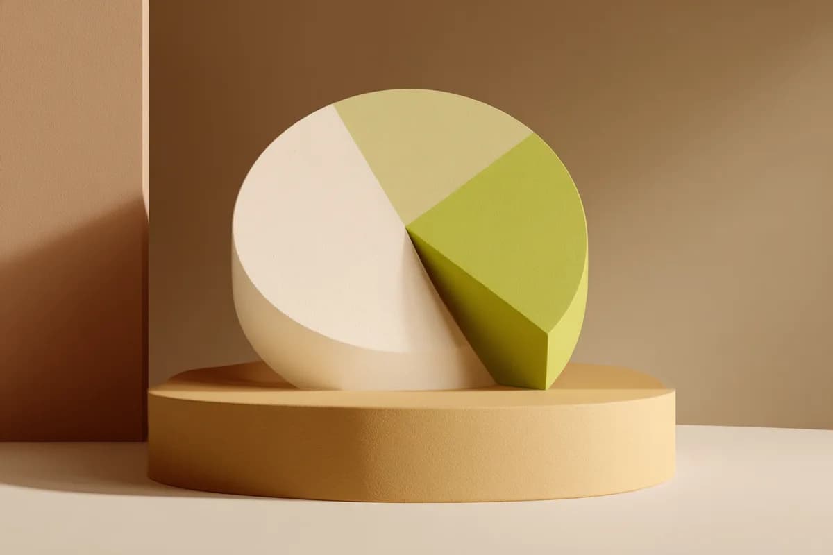 Ilustração editorial de uma pizza circular creme sobre um pódio bege, com uma fatia lime de aproximadamente um terço destacada e levantada para a frente, sugerindo a regra dos 30% do salário.