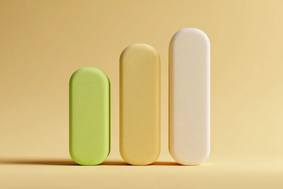 Ilustração editorial de três barras verticais arredondadas em alturas notavelmente diferentes — lime curta à esquerda, areia média ao centro, creme alta à direita — sugerindo três pontuações de score distintas.